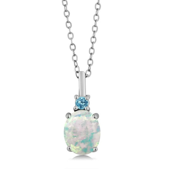 Gem Stone King 925 Sterling Silver White Simulated Opal and Swiss Blue Topaz Pendant Necklace for Women (1.68 Cttw, Gemstone October Birthstone, Oval Cabochon 9X7MM, with 18 inch Silver Chain)