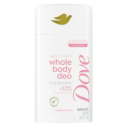 Dove Whole Body Deo Anti-Chafe Deodorant Stick for Women Raspberry & Rose Aluminum Free, 2.6 oz