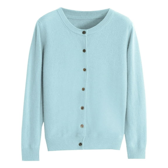 CILENON Women's Cardigans Womens Basic Crew Neck Long Sleeve Button Down Cardigan (Light Blue,S)