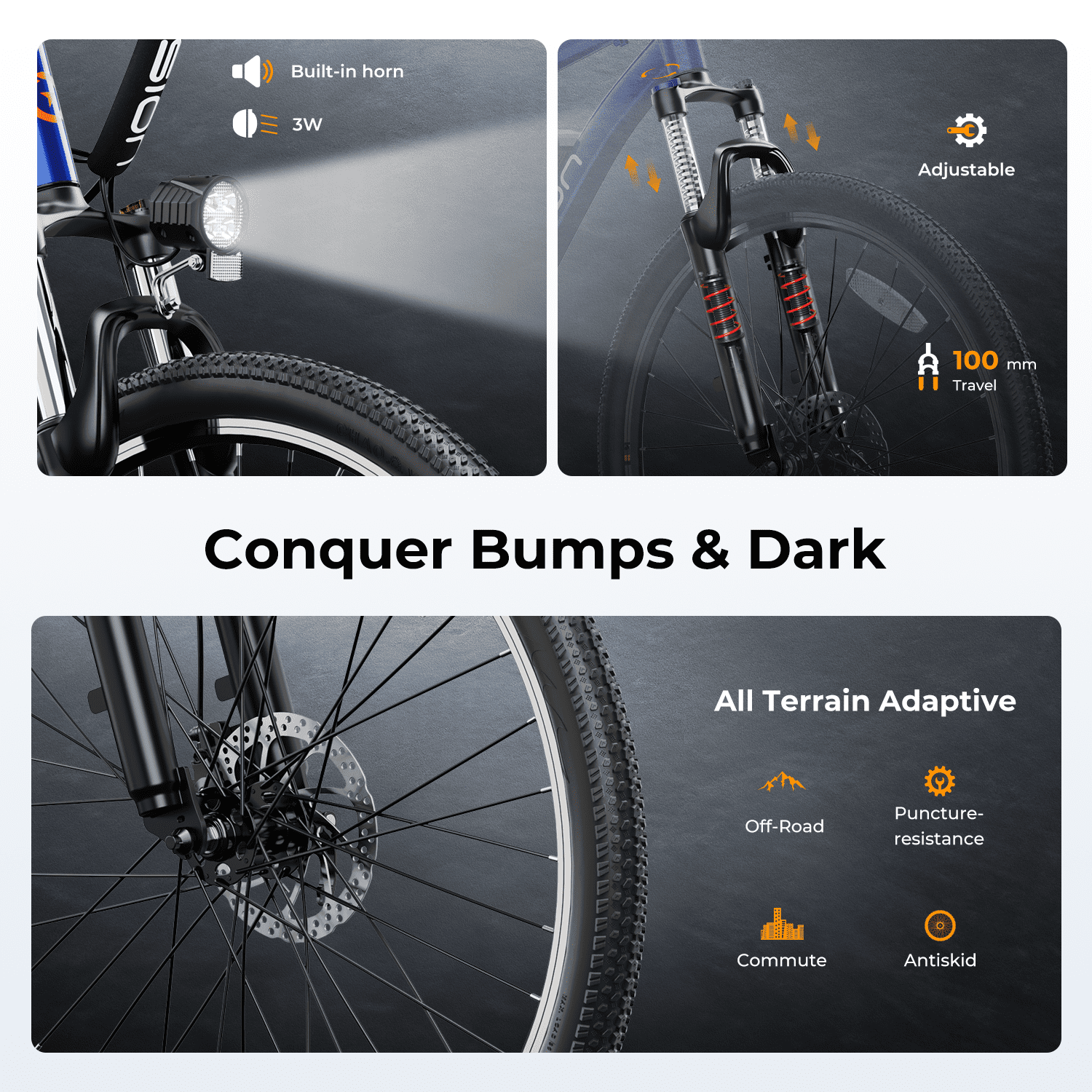 Jasion Electric Mountain Bike for Adults, 26" Tires, 350W Brushless Motor, 40 Miles Commuting Range, Front Fork Suspension, Shimano 7-Speed, EB5 Blue