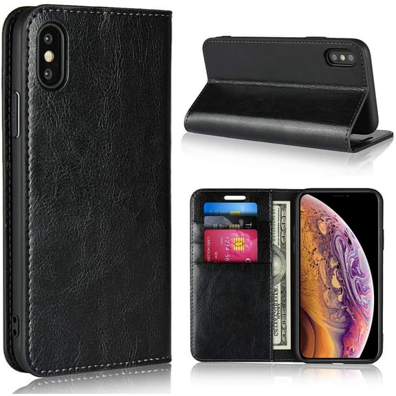 iPhone Xs Wallet Case,Premium Leather Folio Flip Case Cover Book Design with Kickstand Feature with Card Slots/Cash Compartment for iPhone Xs -Black