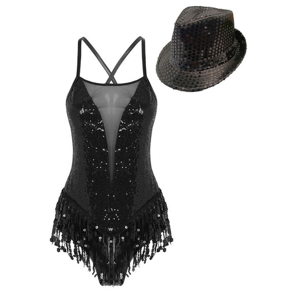 Xnihocha Womens Ballroom Latin Jazz Dance Outfit Sparkly Sequins Fringe Sleeveless Leotard Bodysuits Hat Black L