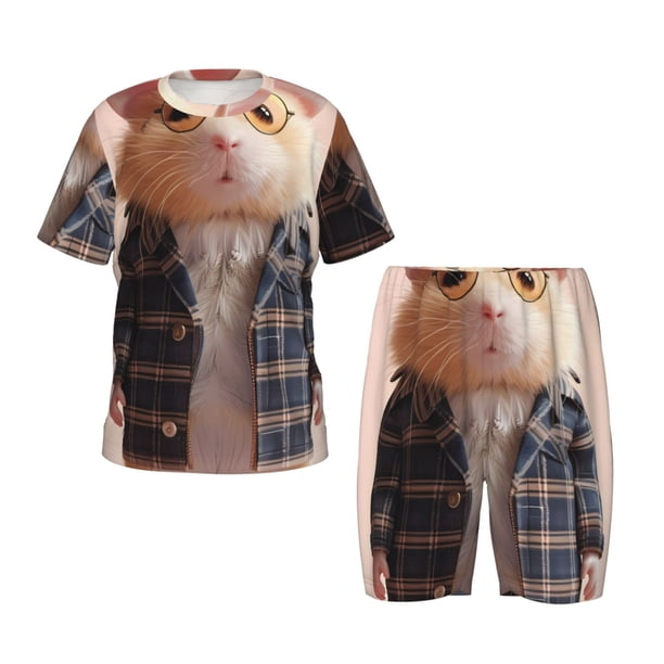 Fotbe Cute Mouse In Glasses Pijama Estampada de 2 Piezas para Niños – Ropa de Dormir de Manga Corta Cómoda para Niños y Niñas, Camiseta y Shorts de Algodón-Small