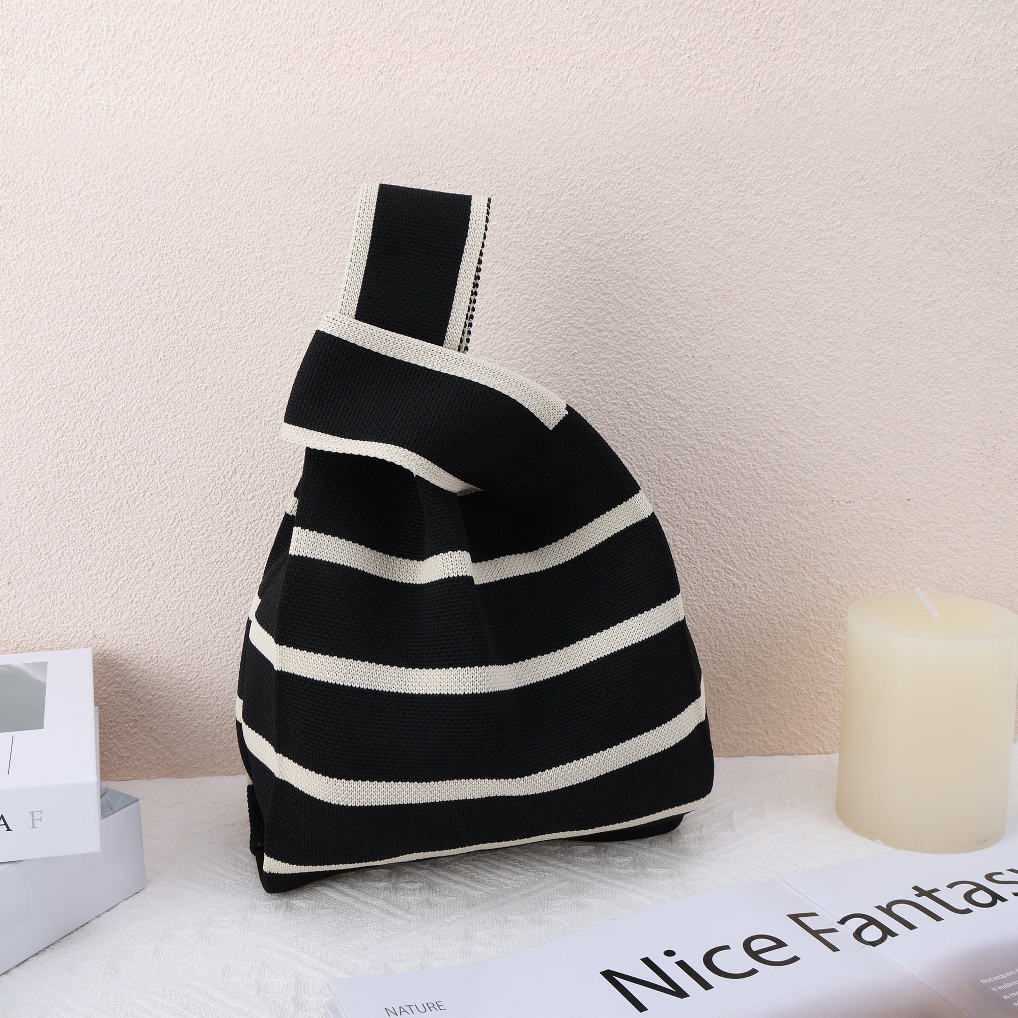 Unique Bargains Stylish Horizontal Stripes Knitted Wrist Bag for Everyday Use Black