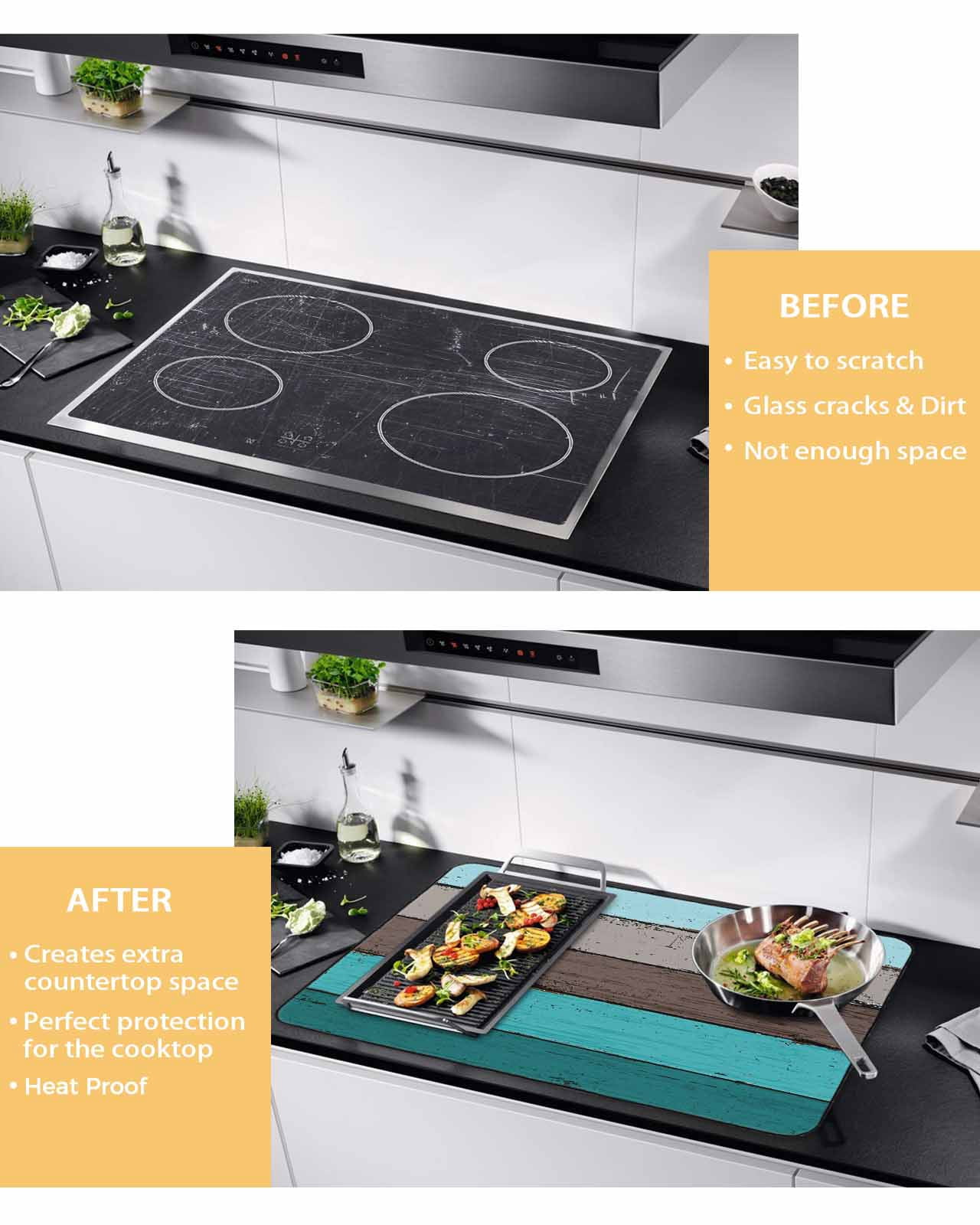 nqOlkjepod Large Induction Cooktop Protector Mat 24"x21", Aqua Grey Stove Top Covers for Electric Stove, Vintage Stripe Farmhouse Wood Grain Ombre Stove Burner Cover Mats, Glass Top Stove Cover