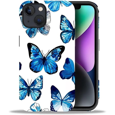 Case for iPhone 14 Plus Case Hybrid 2-Layer Silicone Protective Matte Case for Girl Women Case for iPhone 14 Plus Blue Butterfly Pattern