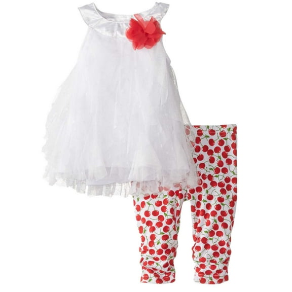 Nannette Infant Girls White Lacy Shirt & Cherry Leggings 2 PC Set 24 Months