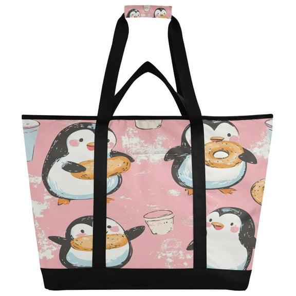 WOBOGO Dessert Penguin Pink Pattern Tote Cooler Bag Fold Flat Insulated Shopping Bag With Zipper For Work Picnic Beach Use 18×6.7×24in