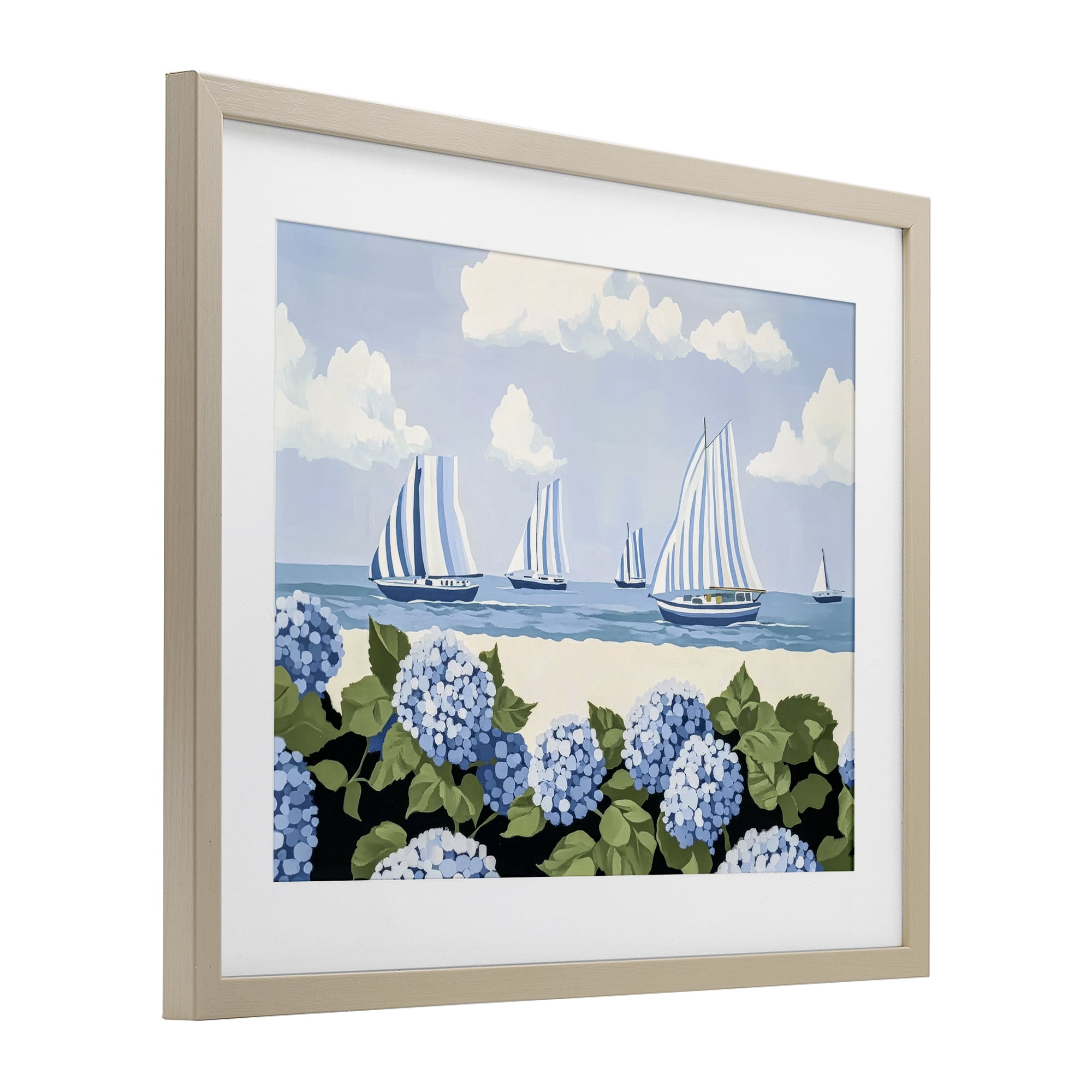 Stupell Industries Striped Sails & Seaside Hydrangeas Birch Framed Print Under Glass, design by Sisi and Seb
