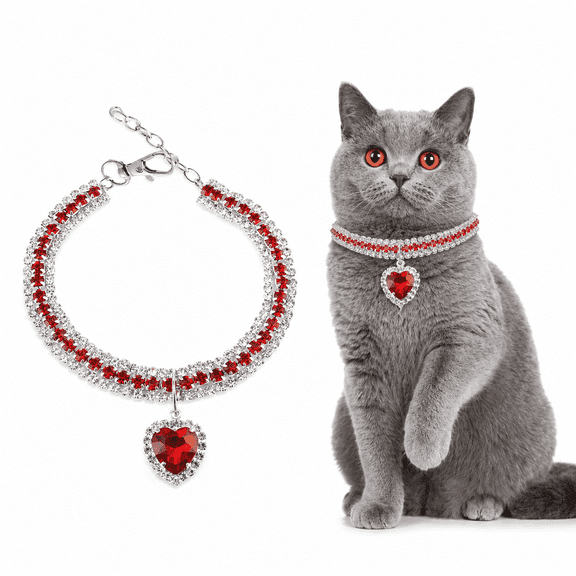 Crystal Gem Pet Necklace, Rhinestone Heart Pendant Dog Cat Collar for Daily Wear, Multiple Sizes