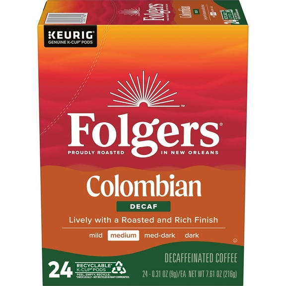Folgers Colombian Decaffeinated Coffee, Medium Roast, Keurig K Cup Brewers, 24 Count Box