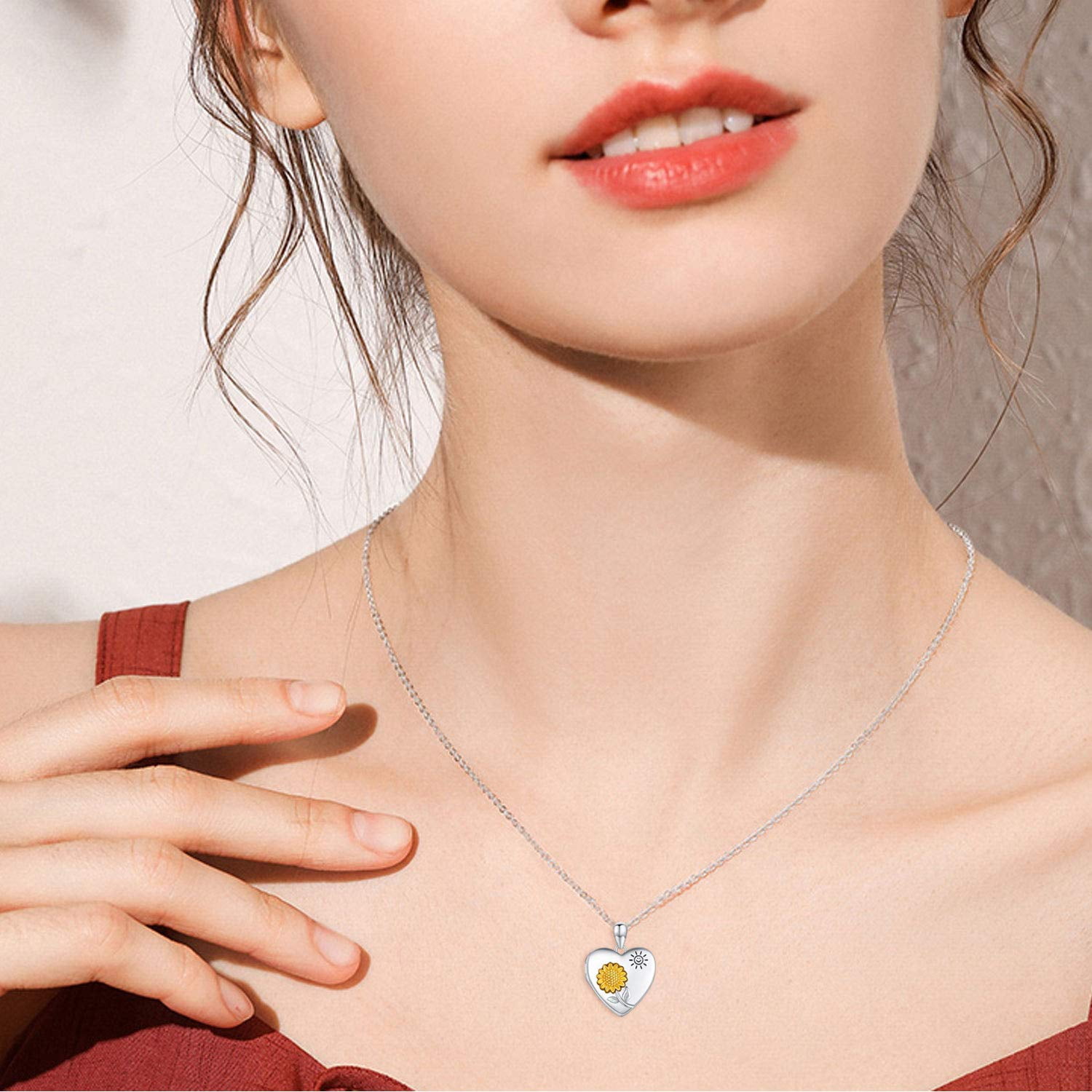 Coachuhhar Sunflower Locket Necklace for Women 925 Sterling Silver Heart Locket Necklace That Holds Pictures You are My Sunshine Necklace Sunflower Jewelry Gifts for Mother's Day