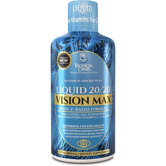 Tropical Oasis Eye Health Liquid Vitamin Supplement, 20/20 Vision Max, 20mg Lutein, 4mg Zeaxanthin, 4mg Astaxanthin, Vitamin A, C, E & Zinc, 32 fl oz, 32 Servings