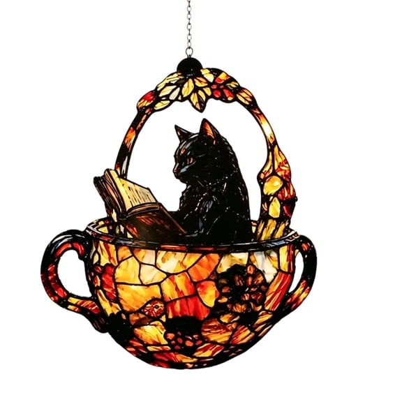 Halloween Cat Suncatcher Ornament,Stained‑Glass Style Teacup Cat Hanging Window Decorative for Window Porch Holiday Accent