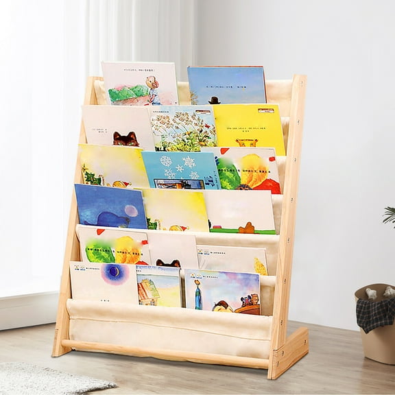 Kids Book Rack Toys Organizer Shelves,Open Storage Display Shelf,Standing Bookcase,Canvas and Pine Material Storage Shelves,Kids Sling Bookshelf Organizer
