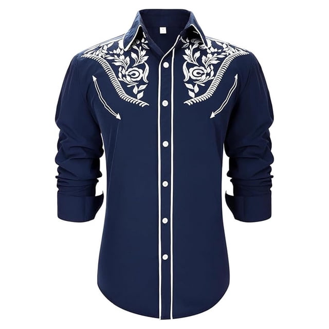 Men'S Western Cowboy Shirts Long Sleeve Embroidered Shirts Slim Fit Casual Button Down Shirt With Pockets Men Shirts S