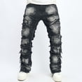 thumbnail image 4 of SSAAVKUY Stretch Stacked Jeans Mens Slim Fit Ripped Cargo Jeans Distressed Straight Leg Hip Hop Trousers with Pockets Black 4, 4 of 9