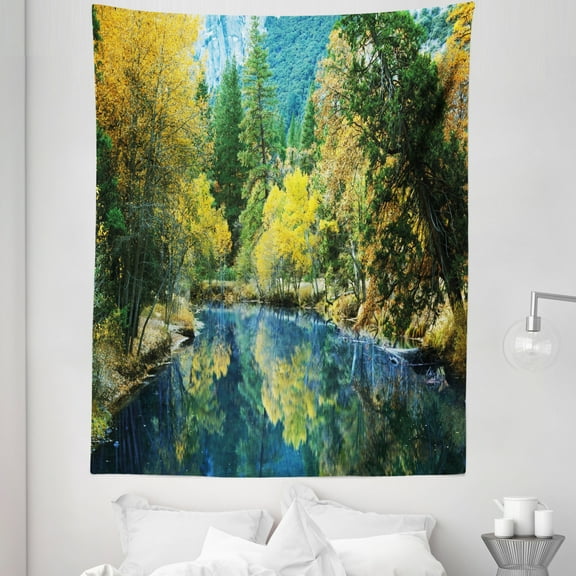 Nature Tapestry, Autumn Landscape Scenery Forest by River Seasonal Rural Countryside Picture, Fabric Wall Hanging Decor for Bedroom Living Room Dorm, 5 Sizes, Green Blue Yellow, by Ambesonne