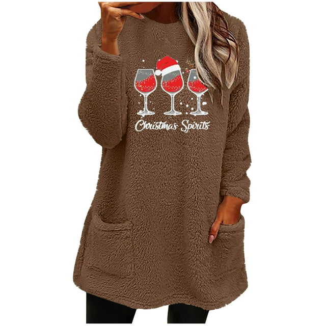 Pisexur Fuzzy Chandails de Noël pour Femmes Doublés en Molleton à Manches Longues à Col Rond Chandail d'Hiver Chaud Imprimé Verres de Vin Rouge Chandail de Noël à Enfiler Hauts avec Poches