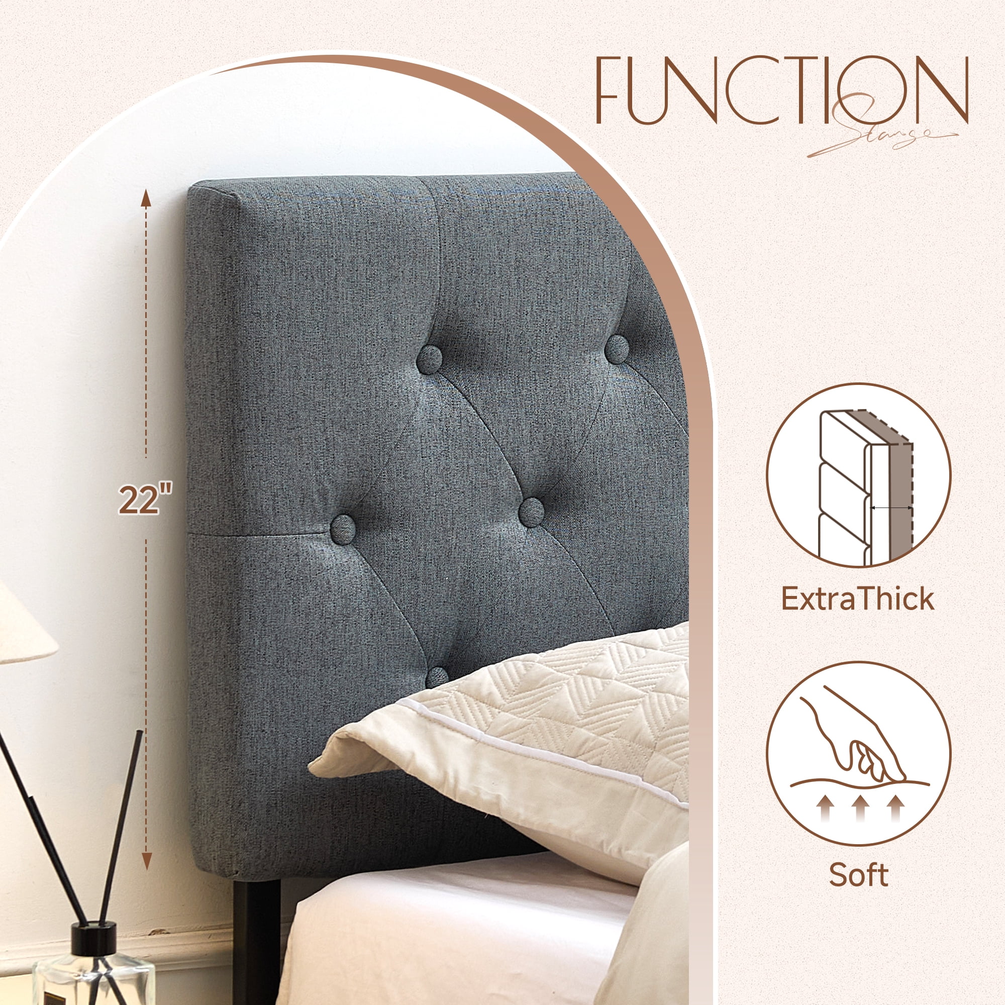 JONPONY Tufted Upholstered Headboard Full Size, Solid Wood Head Board with Durable Metal Legs, Adjustable Height Head Board, Grey