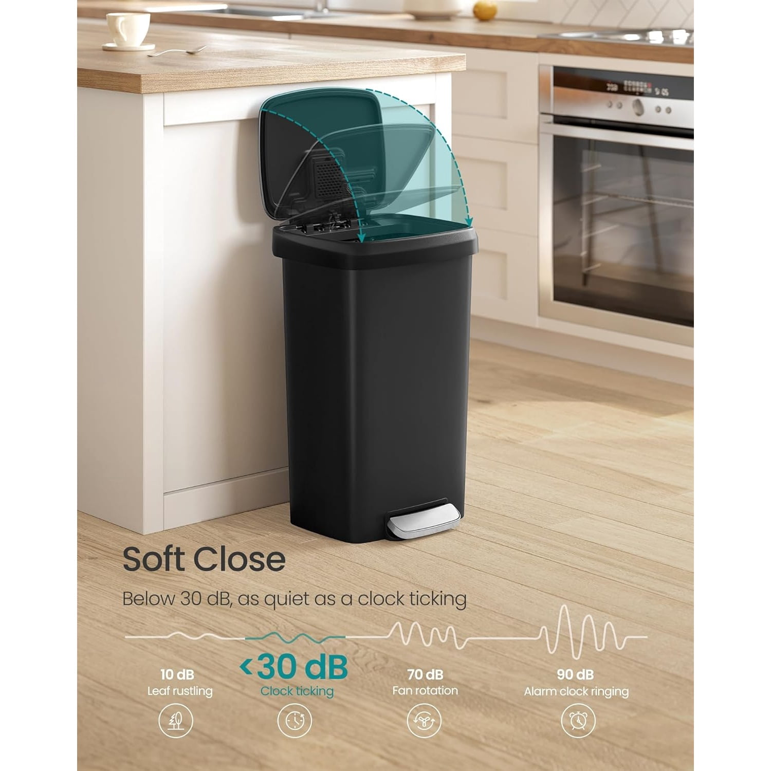 Plastic Kitchen Trash Can, 12-Gallon (45 L) Garbage Can with Stainless Steel Lid, Soft Close, Ink Black