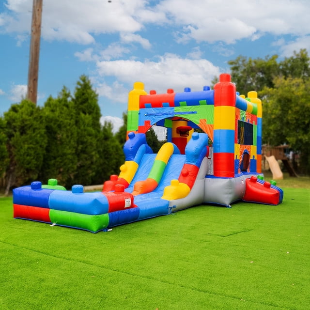 HeroKiddo Block Party Inflatable Water Slide Bounce House Combo with Splash Pool (with Air Blower), Commercial Grade, 100% PVC Vinyl, for Kids and Adults, Basketball Hoop, Outdoor Backyard, Wet Dry
