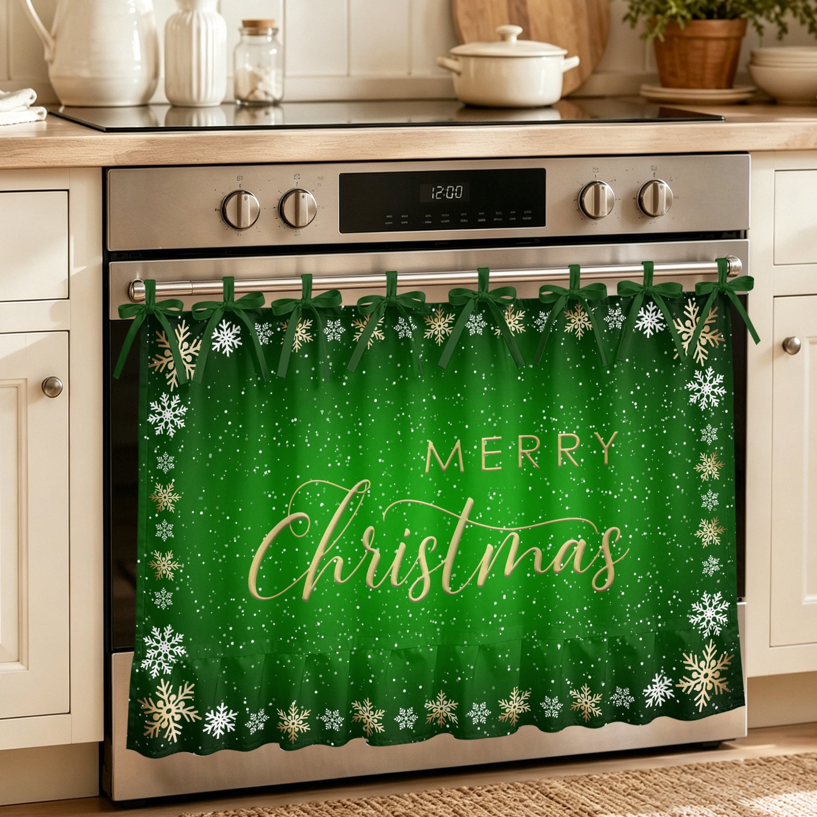 Oven Curtain for Kitchen Merry Christmas Green Ombre Theme Stove Curtain With Ruffled Trim Dishwasher Curtains Winter Gold White Snowflake Oven Skirt 27 x20