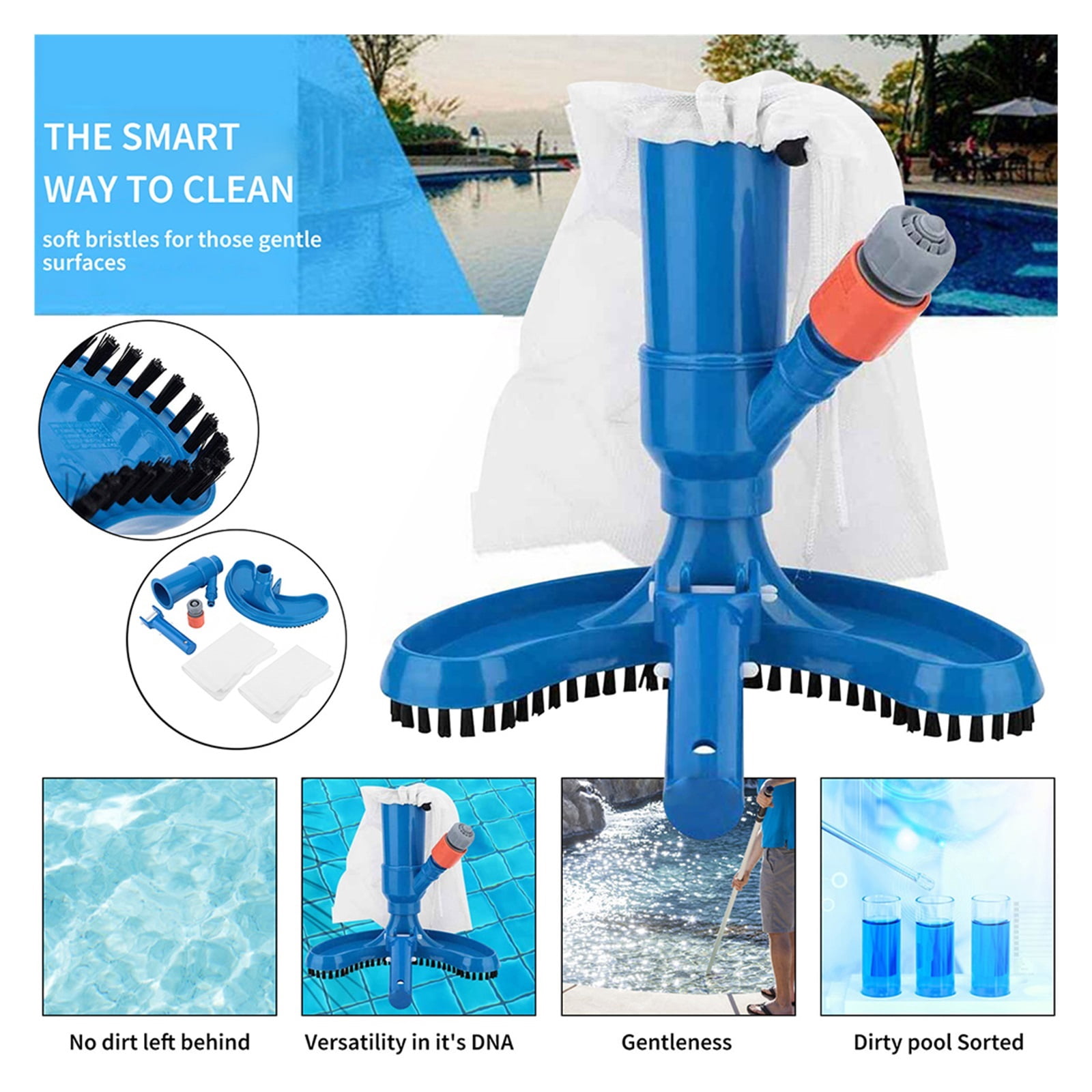 Portable Pond Vacuum Underwater Cleaner with Brush Blue Crescent Shaped Professional Cleaning Tool ,Efficient Cleaning