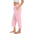 thumbnail image 2 of Linen Pants Women Casual Capris Pant Drawstring Elastic High Waist Straight Wide Leg Trousers Buttons Trim with Pockets, Pink 21" Inseam XL, 2 of 8