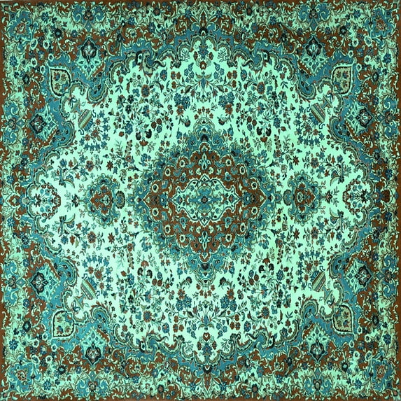Ahgly Company Indoor Square Medallion Turquoise Blue Traditional Area Rugs, 4' Square