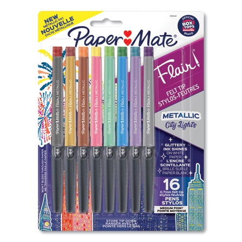 Paper Mate Flair Metallic Porous Point Pen, Stick, Medium 0.7 mm, Assorted Ink and Barrel Colors, 16