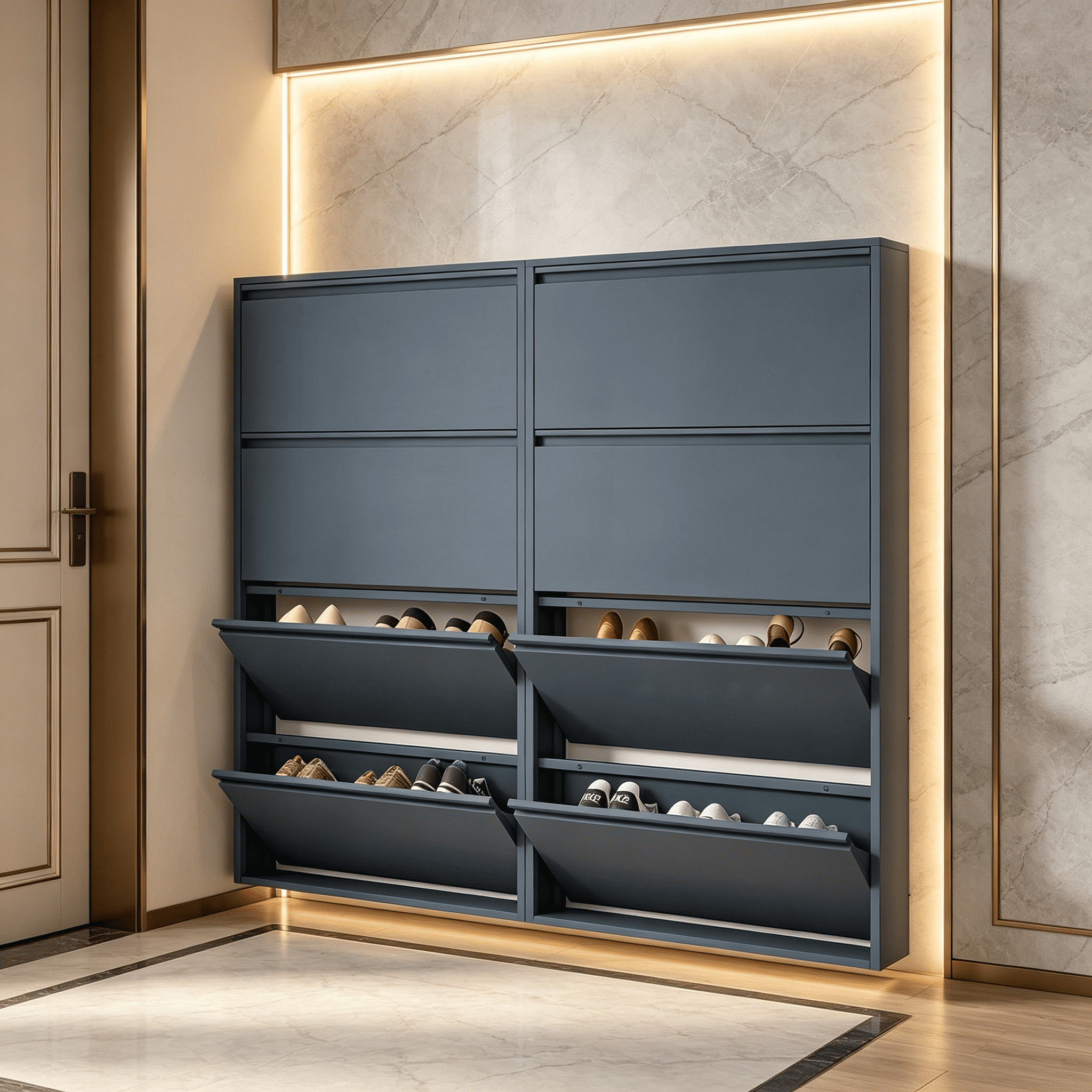 Aisword Wall Mounted Metal Shoe Cabinet with 4 Flip Drawers,Slim Steel Hidden Shoe Rack Shoe Organizer for Entryway,Blue