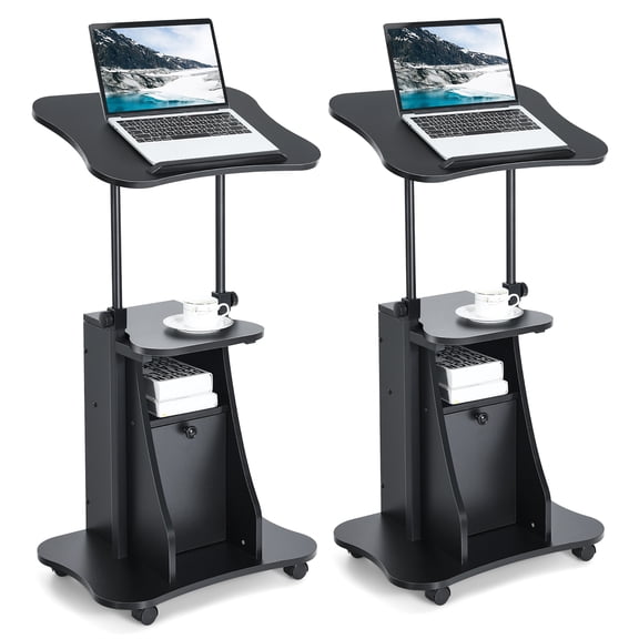 Costway Set of 2 Height Adjustable Standing Desk Mobile Podium w/Tilt Top & Door Cabinet