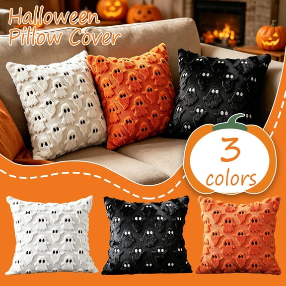 Pillow Decor, Ghost Pillow Cover, Halloween Home Decor Indoor, Halloween Living Room Decor, Halloween Party Decorations for Adults, 1Pc 18X18 Inch Plush 3D Fuzzy White Ghost