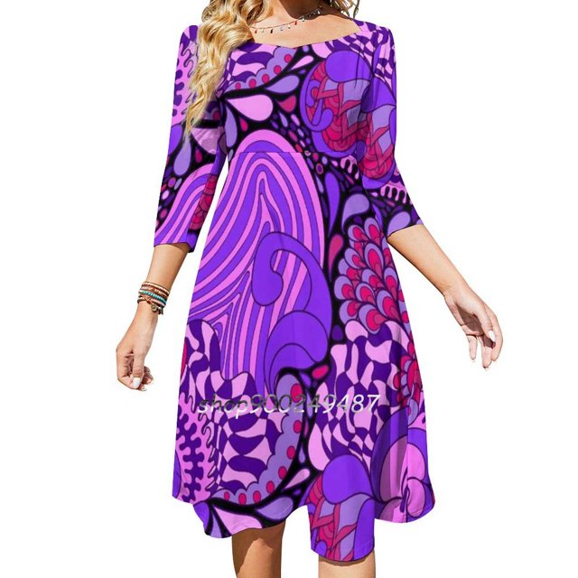 60S Hippie Psychedelic Pattern Square Neck Dress Cute Loose Print Dresses Elegant Beach Party Dress Abstract Bright Colorful