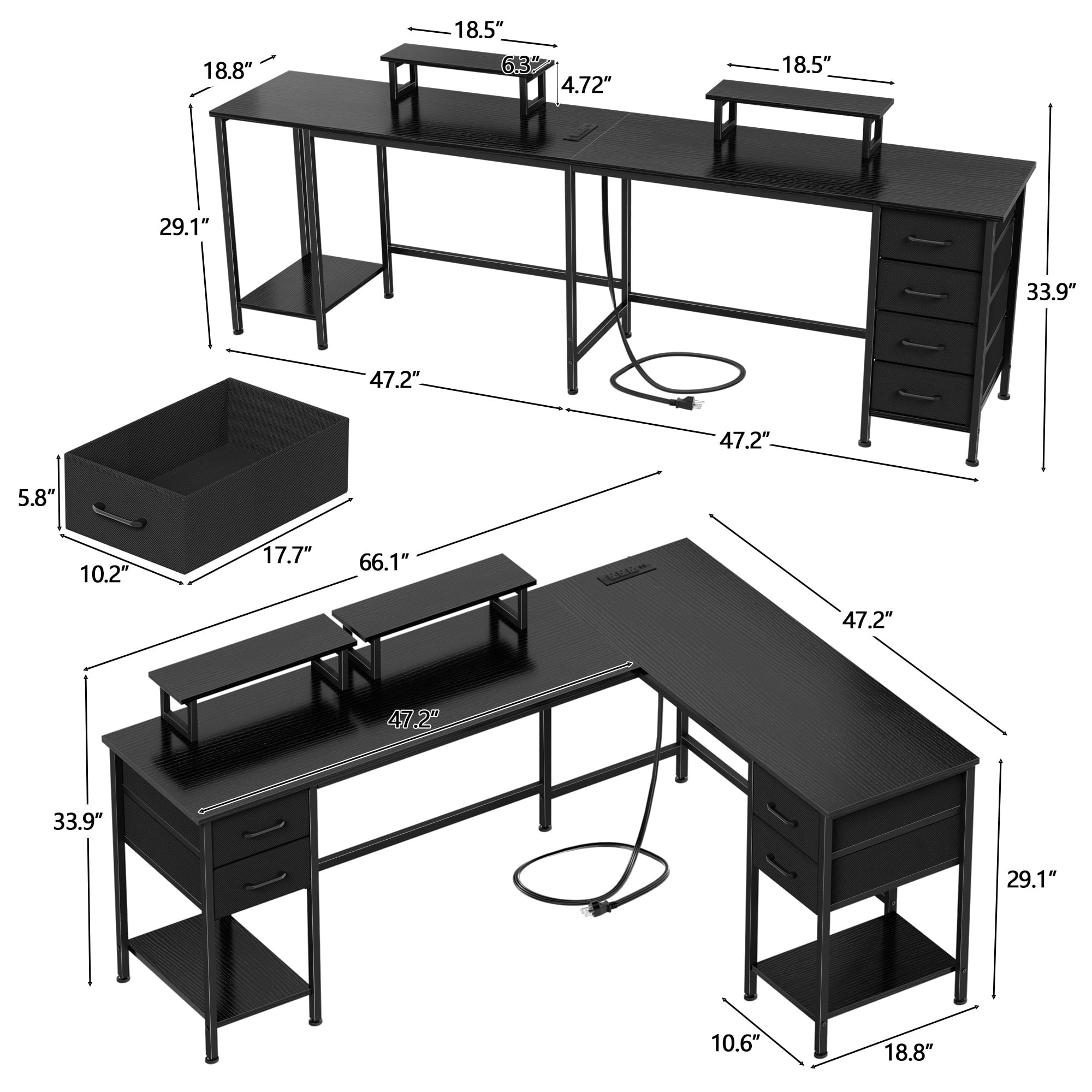 Satifur 66" L-Shaped Desk with Power Outlets, 4 Fabric Drawers & 2 Monitor Stands, Convertible Two Person Home Office Desk,Black
