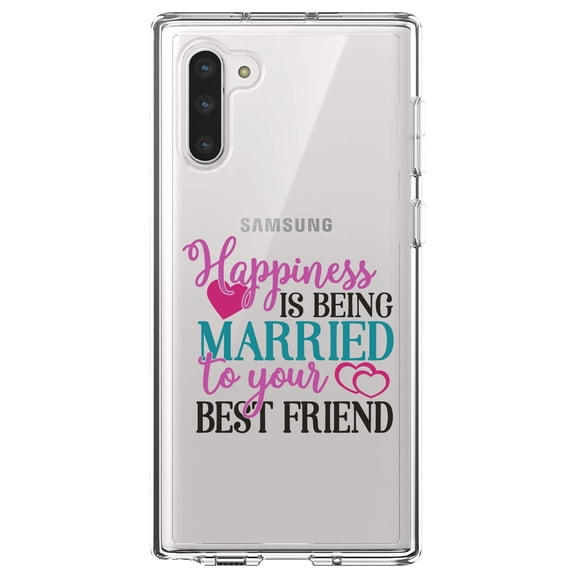 DistinctInk Clear Shockproof Hybrid Case for Samsung Galaxy Note 10 (6.3" Screen) - TPU Bumper Acrylic Back Tempered Glass Screen Protector - Happiness Married to Your Best Friend