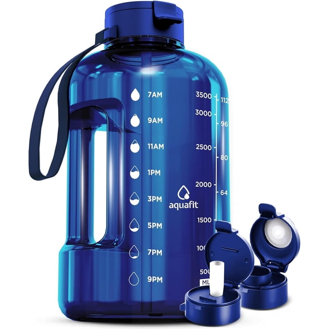 Botella de agua AQUAFIT de 1 galón con marcador de tiempo sin BPA y 2 tapas