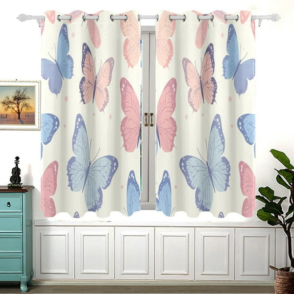 Butterflies Blue and Pink Curtain Black Out Thermal Insulation Curtains Aesthetic 54 Inch Length for Bedroom Living Room 2 panels set