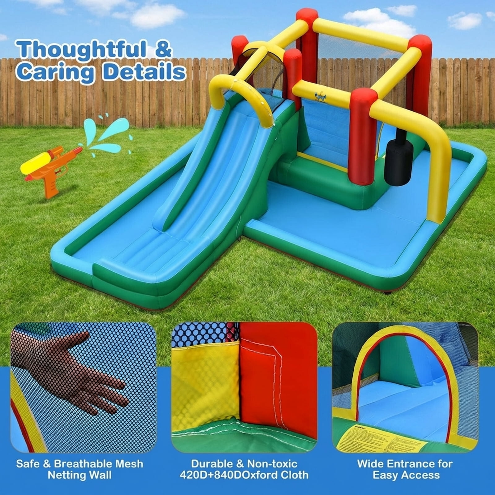 Redsmile Inflatable Water Slide Climbing Bounce House with Tunnel and Pendulum for Kids Aged 3-10 Outdoor Backyard Fun - Blue Yellow Red
