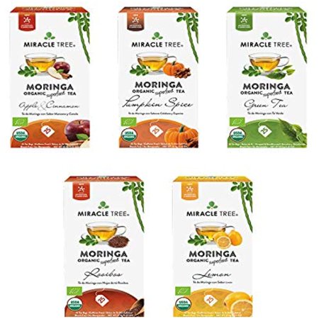 Miracle Tree - Organic Moringa Superfood Tea, 5 Pack Bundle, 5X25 Individually Sealed Tea Bags (Apple & Cinnamon, Pumpkin Spice, Green Tea, Rooibos, Lemon)