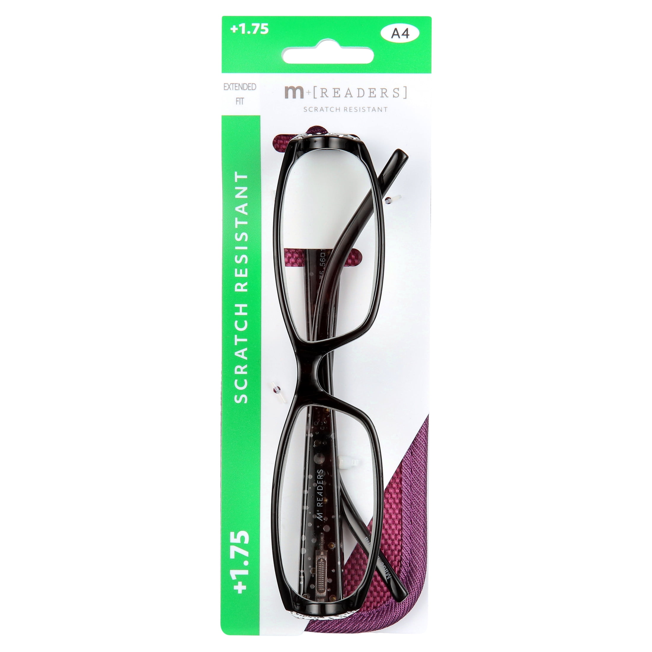 M Readers Eva Black +1.75 Reading Glasses with Case