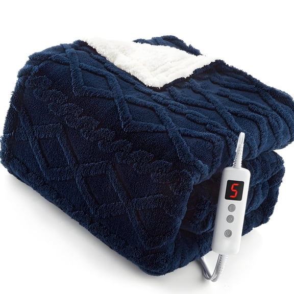 AIKKYS Electric Heated Throw Blanket, Tufted Sherpa with 10 Heat Levels & Timer, Navy Blue