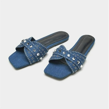 

ZHOGNYI Summer new women s shoes Blue denim shiny decorative flat sandals fashion all wear single shoes