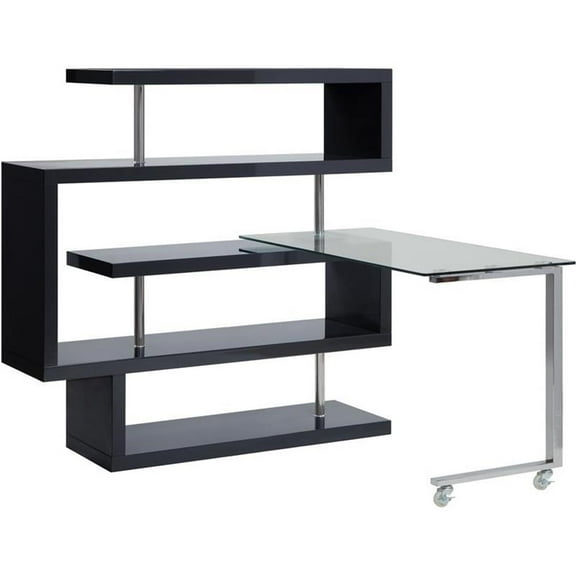 Pemberly Row Glass Top Writing Desk in Chrome and Black High Gloss