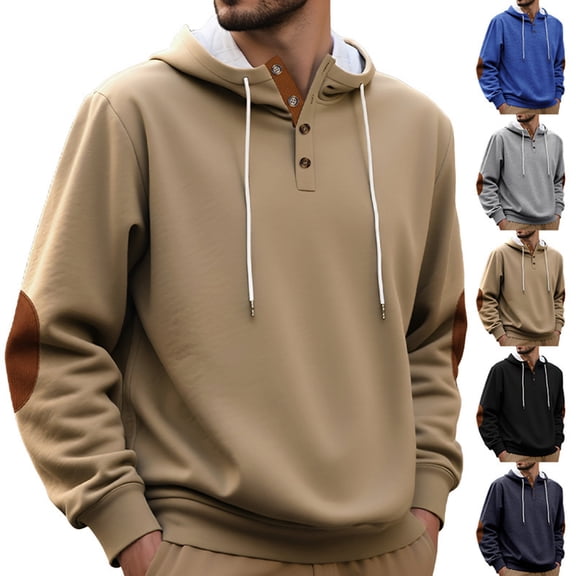 Eryao Men's Sherpa Lined Button Hoodie with Elbow Patches Winter Warm Outdoor Drawstring Sweatshirts,Black,M