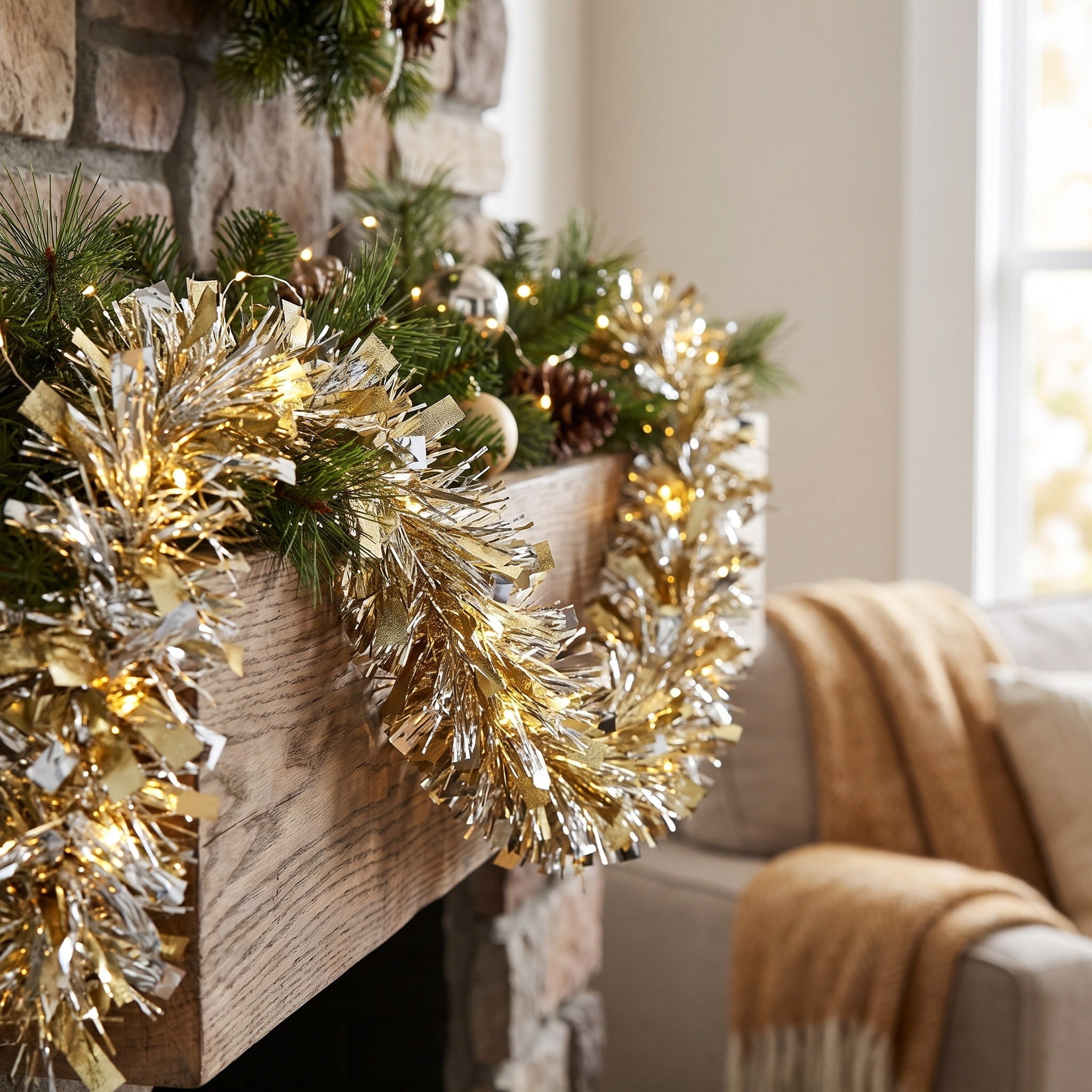Tinsel Christmas Garland, Gold and Silver, 12', by Holiday Time