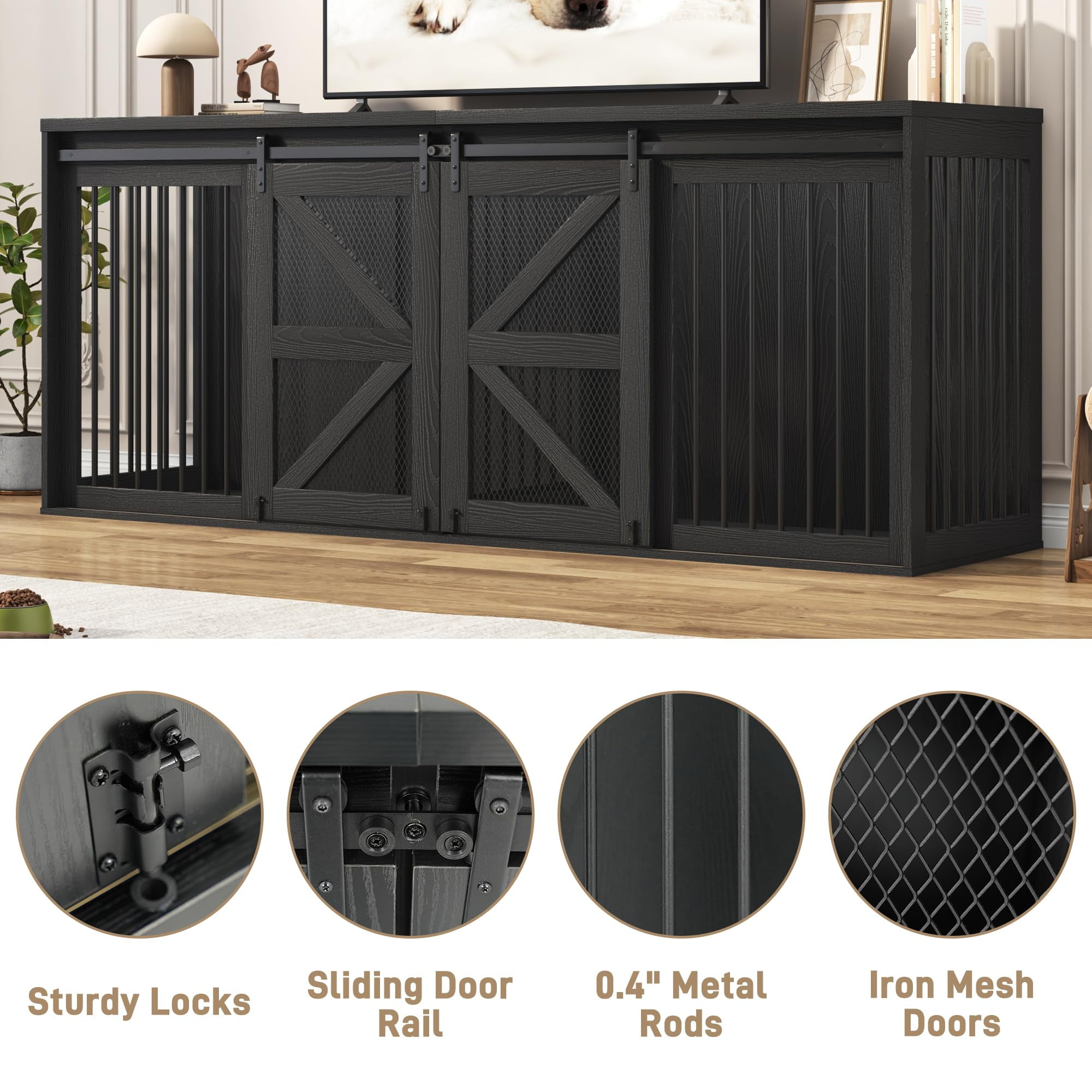 Blotout 87" Large Farmhouse Dog Crate TV Stand, Wooden Dog Crate Furniture with with Divider Panel/Sliding Metal Mesh Barn Door, XL-XXL Heavty Duty Dog Crates Furniture for 2 Medium or Large Dogs