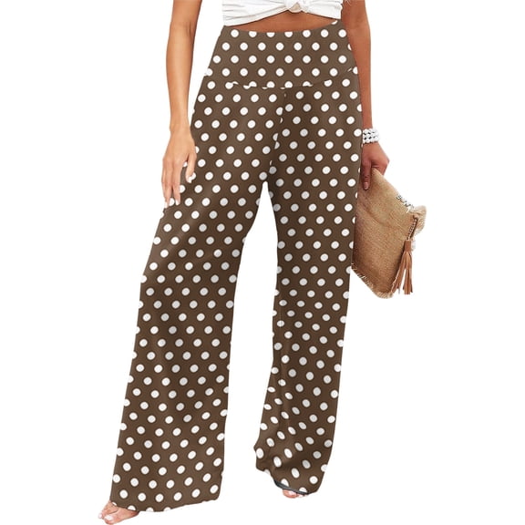 Sewkxo Women's Polka Dot Lounge Pants High Waist Loose Fit Wide Leg Casual Trousers with Pockets,Brown S