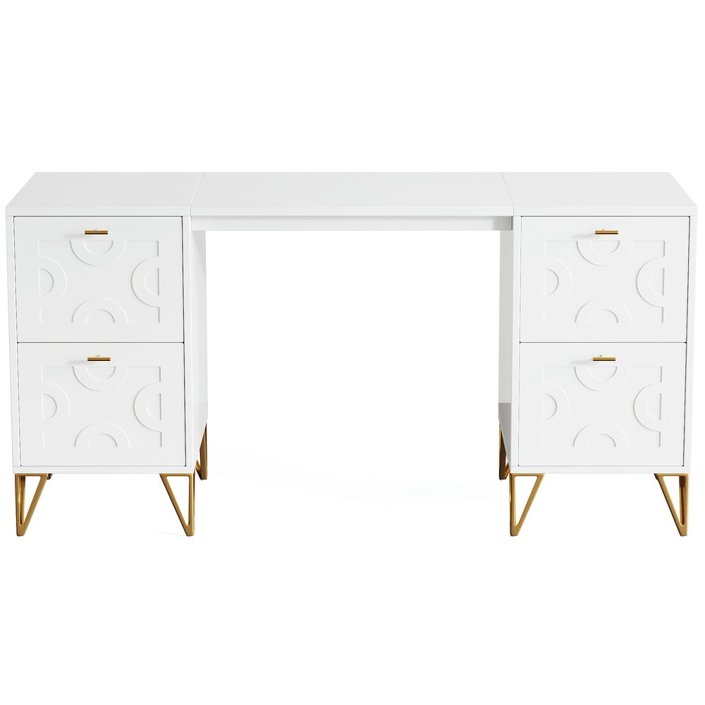 Resenkos Study Writing Desk, Computer Desk,59" White Computer Desk with File Drawers, Wood Executive Desk for Home Office,White